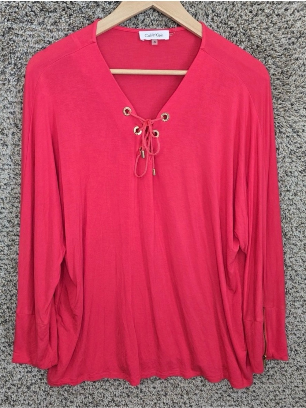 Calvin Klein Top Womens XL Pink Lace Up Long Sleeve Stretch Blouse Casual Ladies